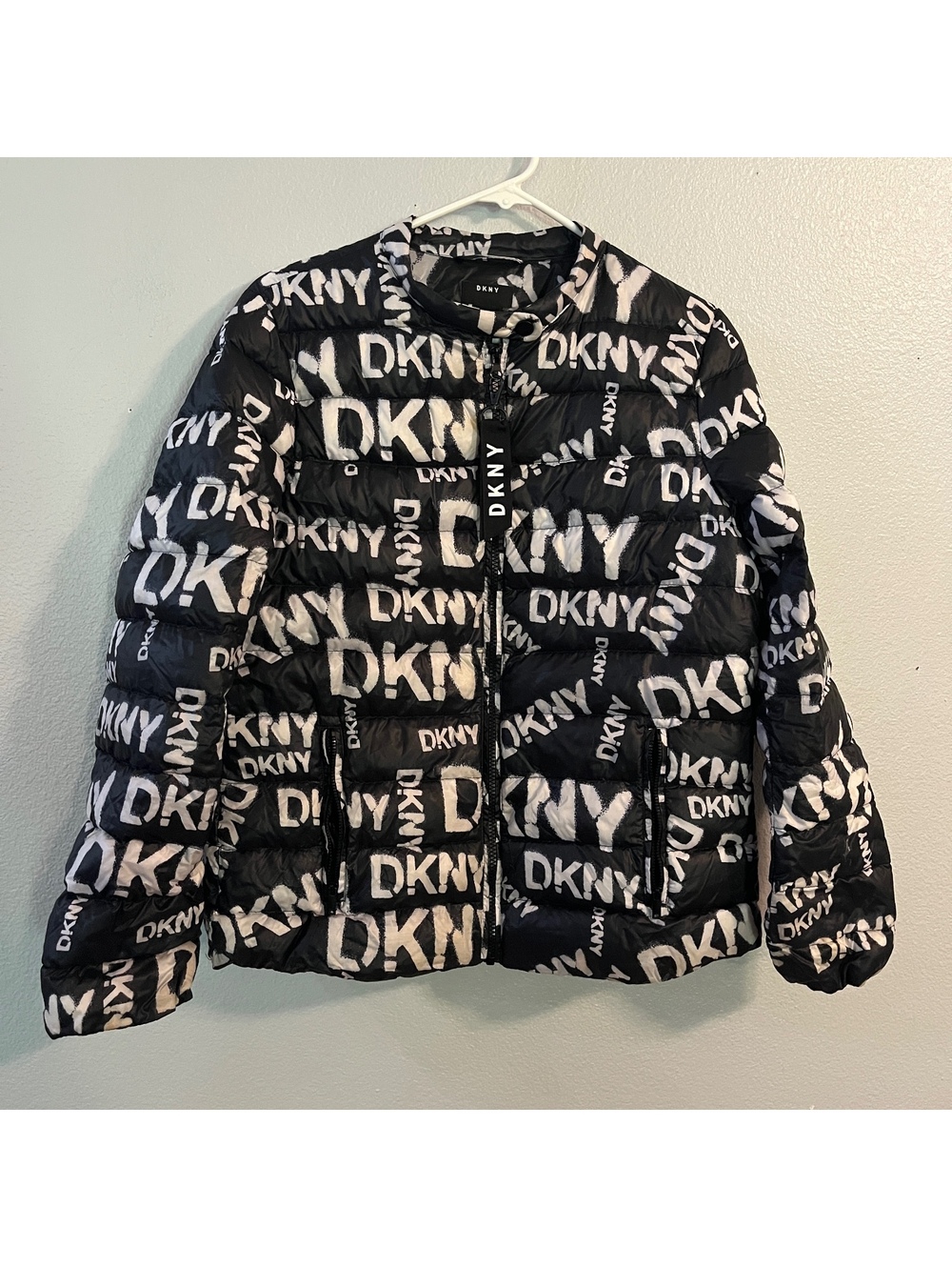 DKNY Womens M Puffer Jacket Black White All Over Graffiti Logo Print Zip